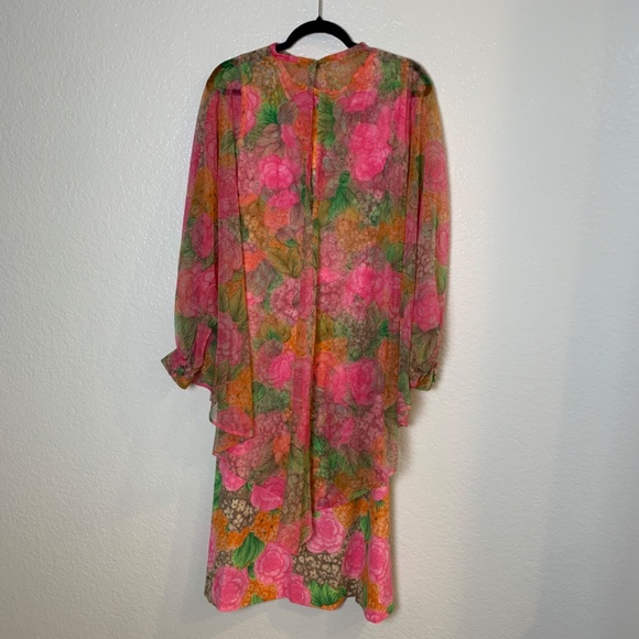 Vintage Henry Lee Floral Maxi Dress Medium? Pink Hostess Psychedelic 60's 70's - Picture 8 of 15